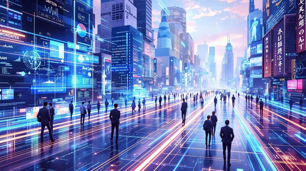 a bustling cityscape where business professionals are interacting with holographic interfaces and digital pathways that symbolize rapid data flow and technological growth