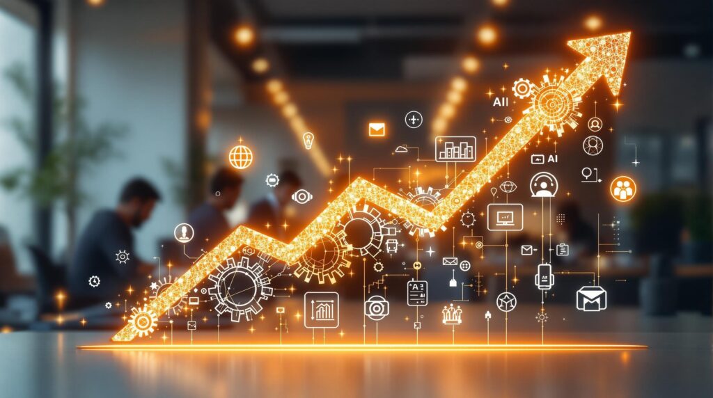 An upward-trending graph made up of gear icons and AI symbols like neural networks, chatbots, and data flows. The graph is central and ascending, illustrating progress and success. 