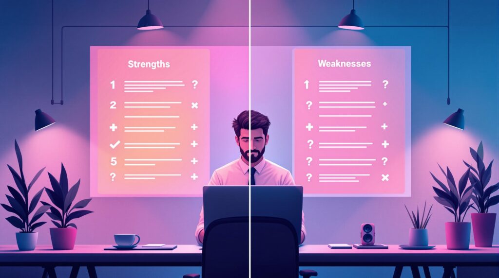 split-screen image with a business analyst in the center examining two lists on either side