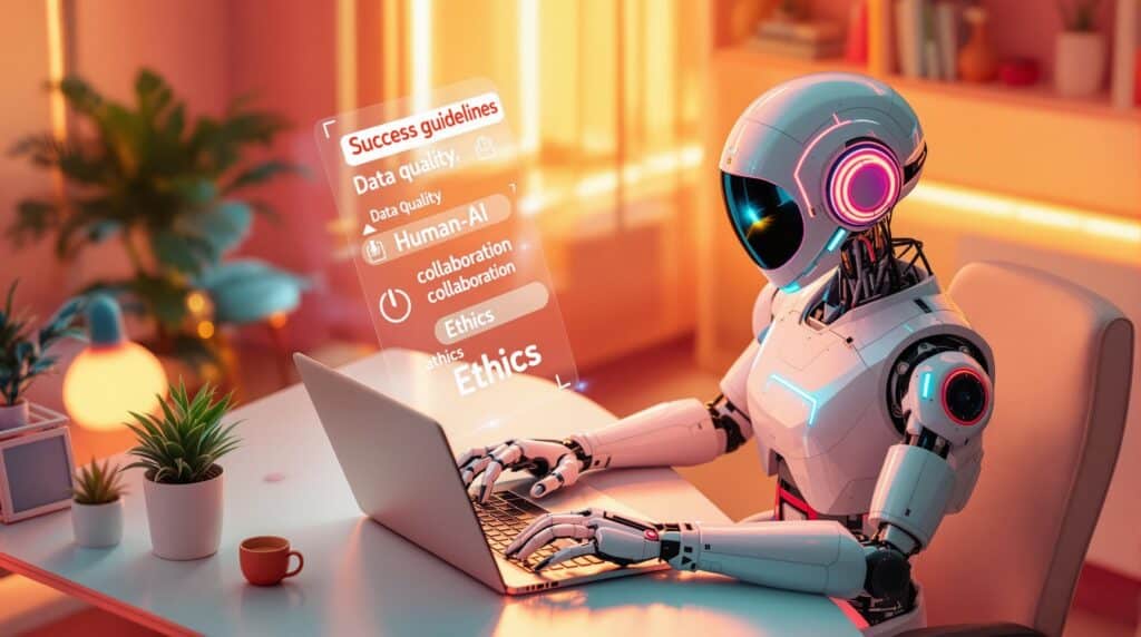 A retro futuristic robot with neon accents, showing success guidelines floating above the laptop featuring data quality, human-AI collaboration, and ethics.
