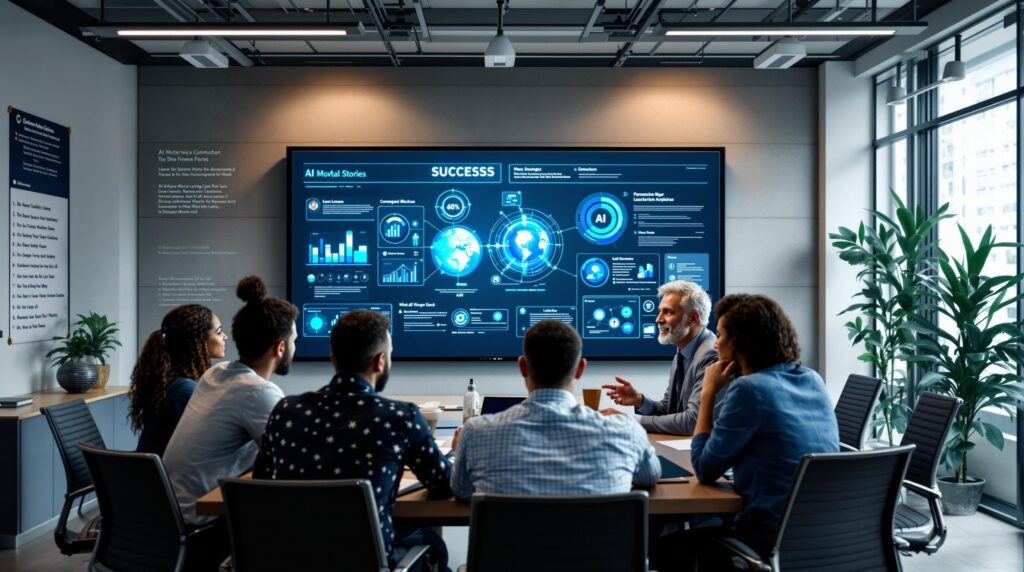 A boardroom scene where leaders are discussing and mapping out strategies, with success stories illustrated on presentation slides and walls adorned with accolades, highlighting the intersection of storytelling and strategic planning.