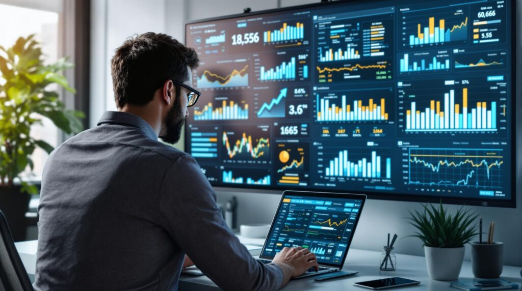 a focused individual is analyzing the data on a laptop symbolizing diligent success tracking and strategic planning