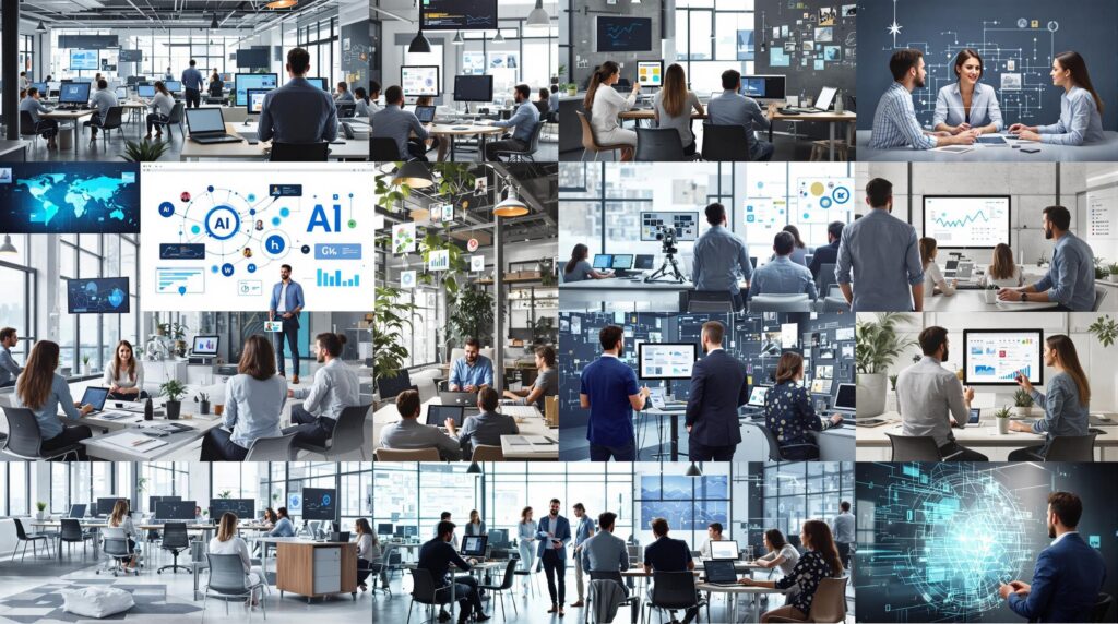 a collage of diverse business environments showcasing successful generative AI implementations