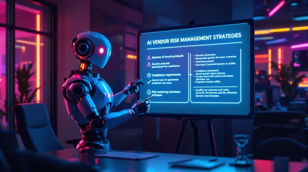 An office scene where a high tech robot presents a summary of AI vendor risk management strategies on a digital whiteboard.