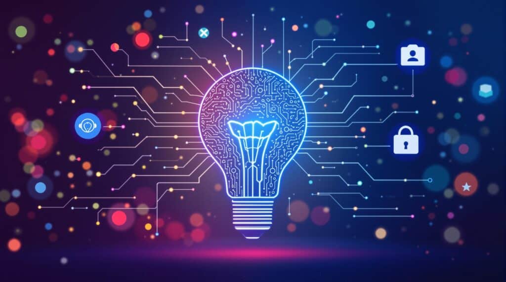 An abstract visualization featuring a lightbulb made of interconnected circuit pathways and symbols of balance and privacy, capturing the essence of key findings in AI ethics.