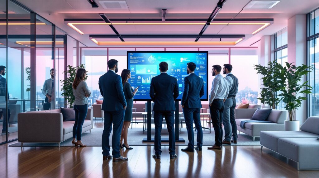 a group of business professionals standing together intently focused on a large digital screen