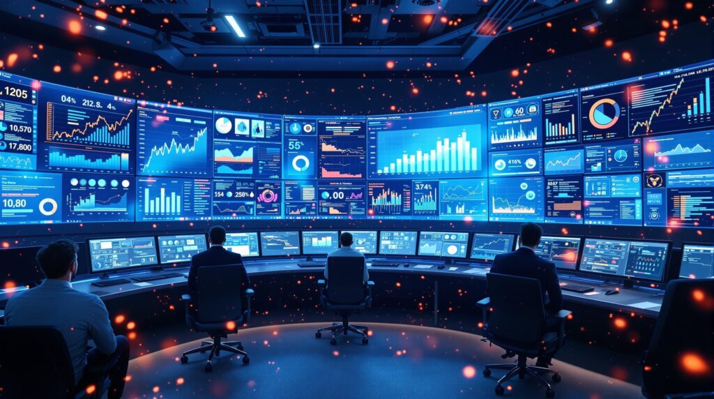 An AI-powered control center bustling with real-time data displays, where dashboards and digital panels show live analytics, representing the integration of real-time data into everyday AI operations.