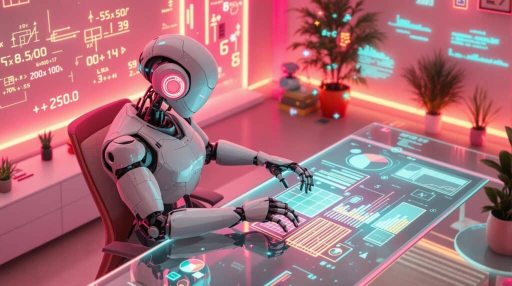 a futuristic robot with neon accents working on a weighted metrics for multi-class models with abstract mathematical symbols, graphs, and digital data streams 