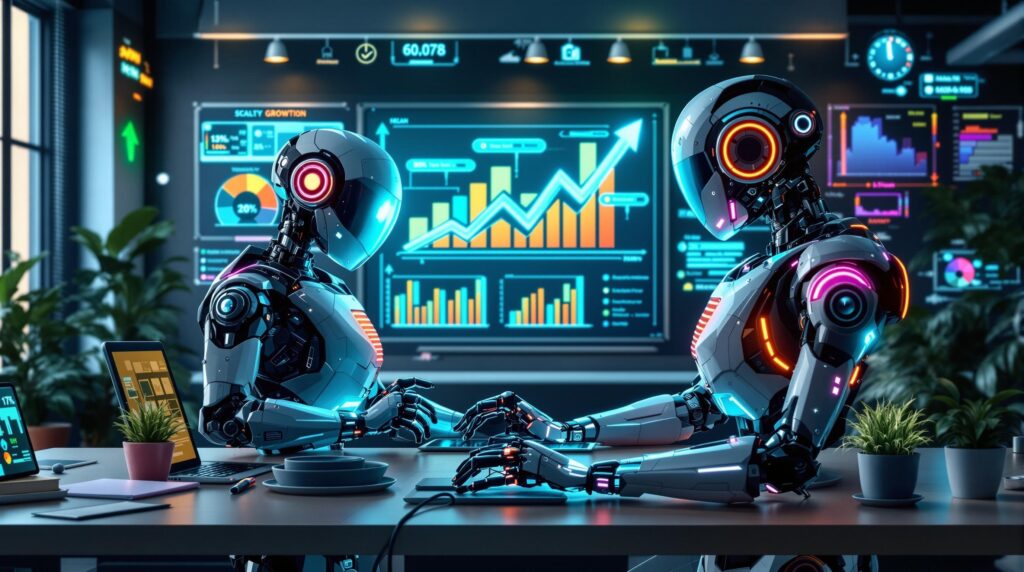 An organized workplace setting with two high tech robots collaborating over digital tablets and interactive whiteboards.