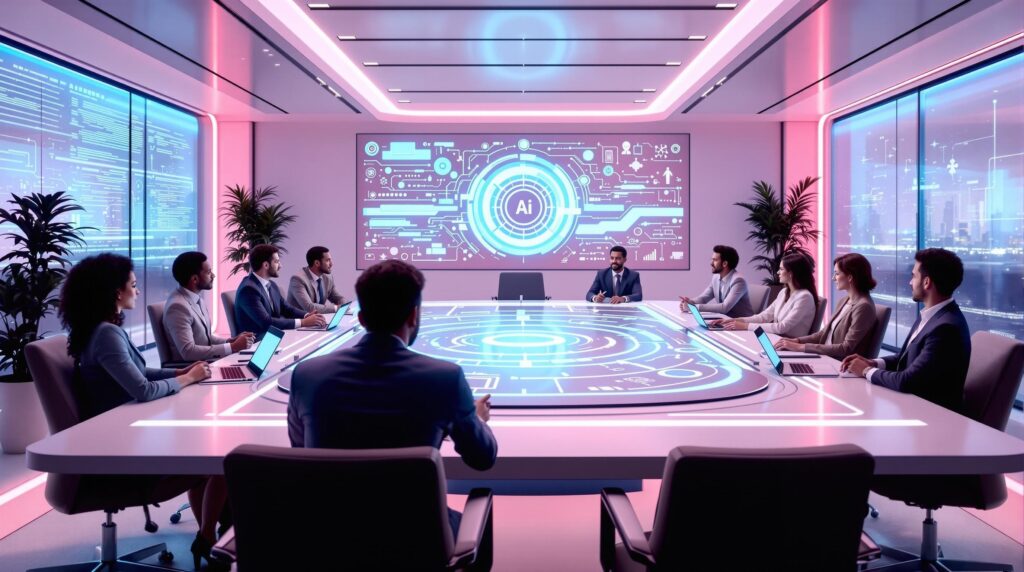 high-tech boardroom with a large central AI interface and team of diverse professionals discussing about System Prompt Basics