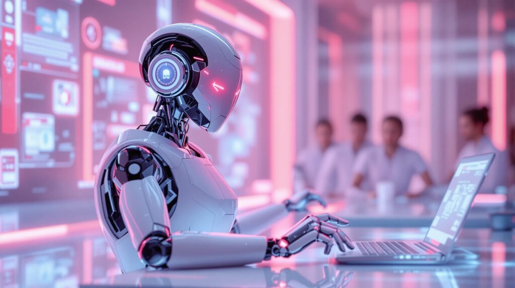 a robot and a team of professionals with digital interfaces showcasing key concepts of system prompts and their effective use