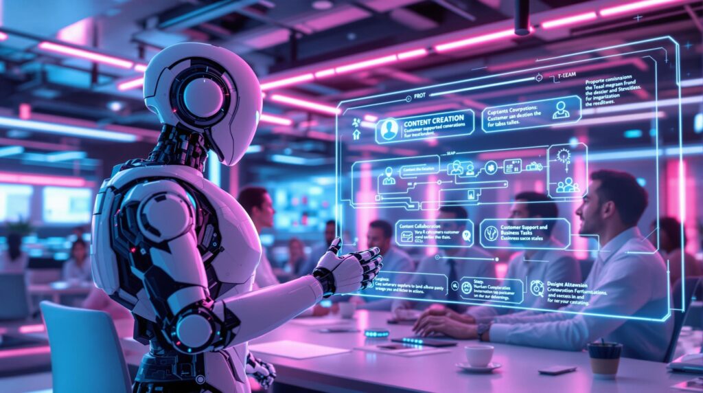 futuristic robot demonstrating prompting techniques to a diverse group of professionals