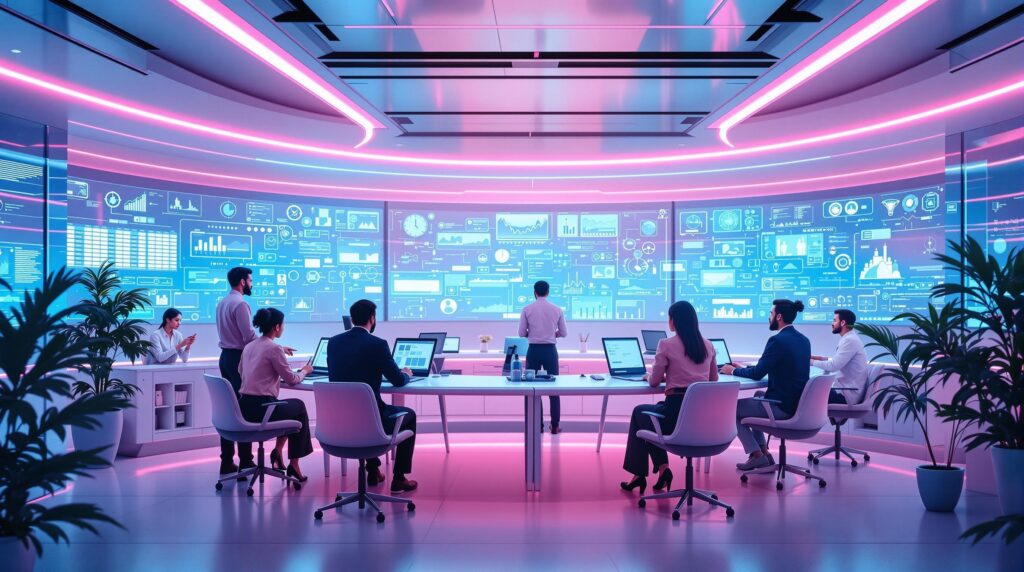 diverse team of professionals in a futuristic office with holographic screens displaying effective communication tools