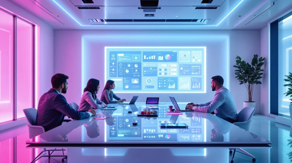 team of professionals collaborating in a sleek futuristic office environment with modern digital board prominently displayed showcasing live editing and version tracking