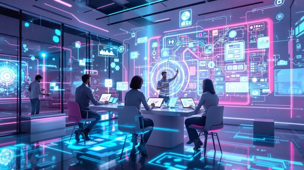 a futuristic workspace where a team is collaborating live on holographic displays