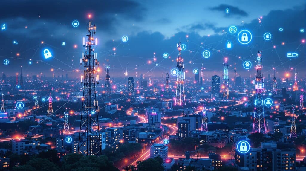 an urban landscape with telecom towers and devices connected through AI