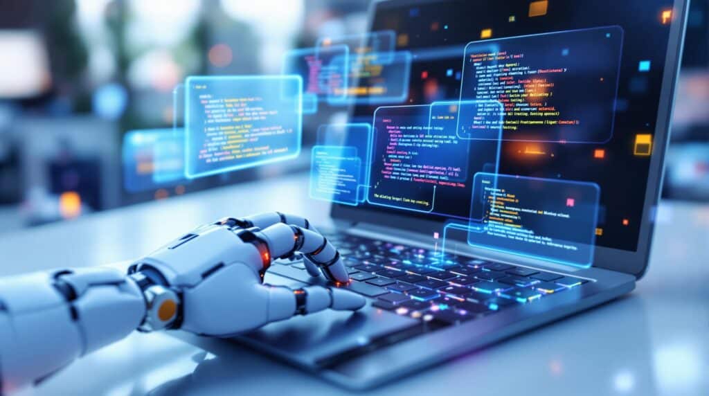 An abstract concept of AI revolutionizing software testing, showing robotic hands typing on a keyboard with digital code and test scenarios appearing on multiple floating screens.