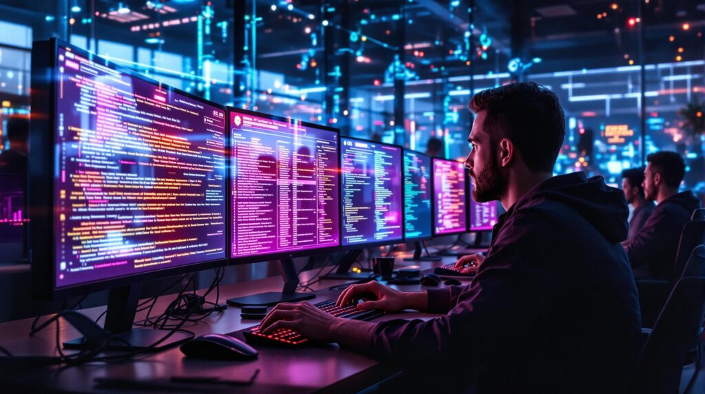 a dynamic scene with a team of IT professionals, two in the foreground intensely typing, others analyzing code and test results on luminous monitors