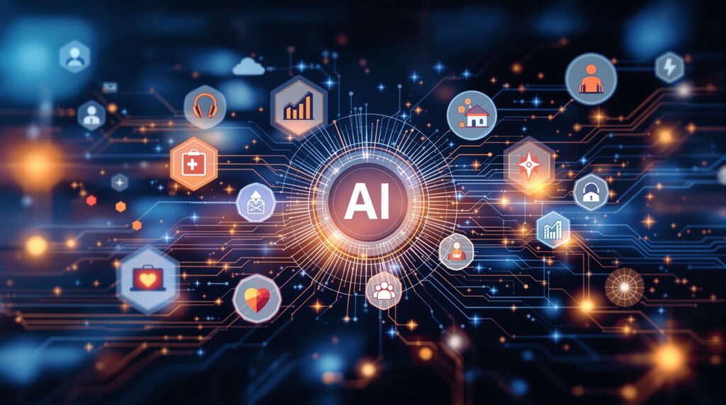 an abstract representation of generative AI influencing different sectors with icons symbolizing industries