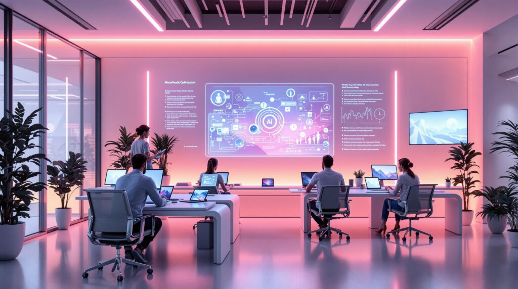 professionals interacting with advanced AI displays and screens showcasing animated visuals and workflow optimization tips