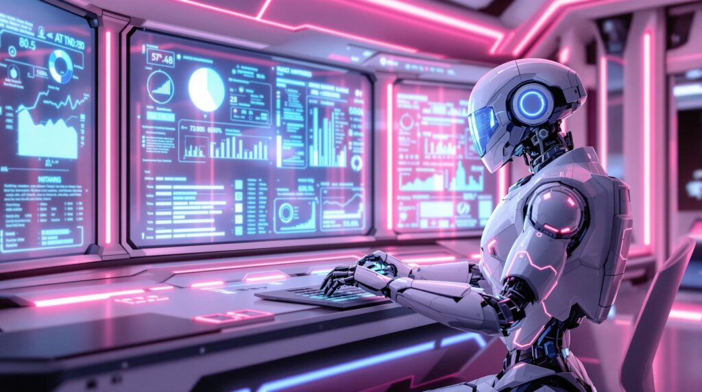 futuristic robot analyzing data on holographic screens with advanced control center showcasing monitoring and workflow tools