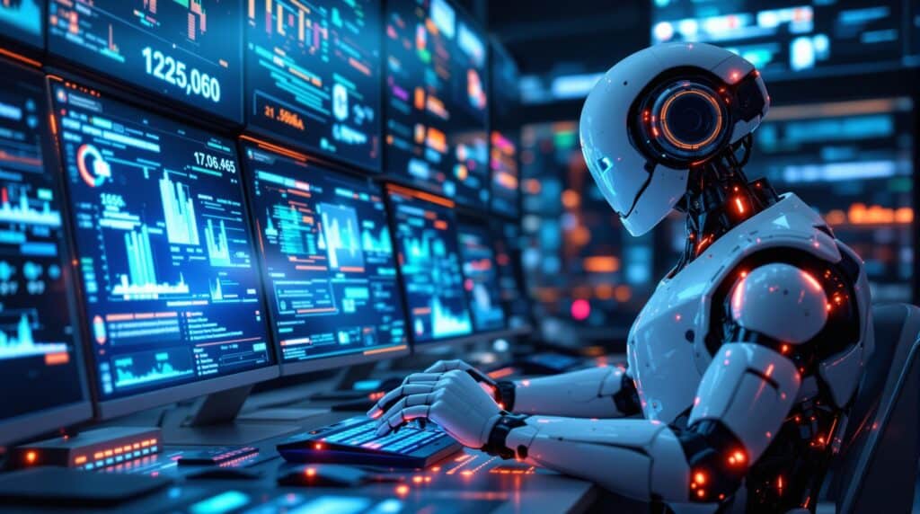 A futuristic workspace  with a high tech robot working on advanced AI data tools, with streaming data visuals and digital interfaces glowing on multiple screens.