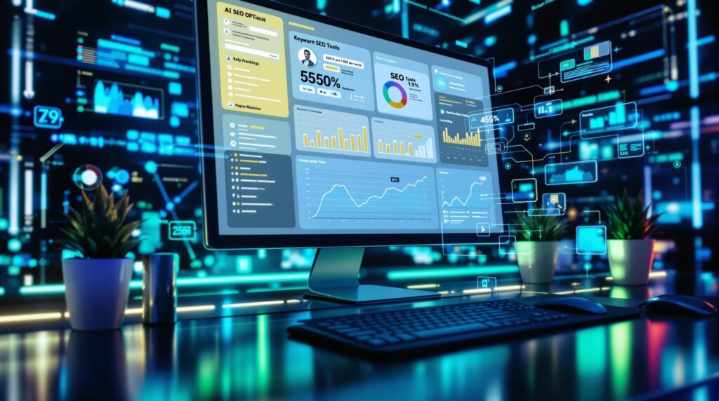 A dynamic scene showing a futuristic workspace where a computer screen displays various AI tools in action, optimizing SEO metrics such as keyword rankings and data analytics. 