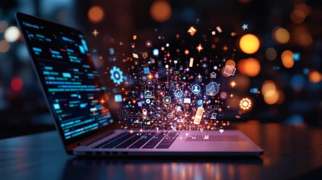 an artistic image of a laptop with digital elements