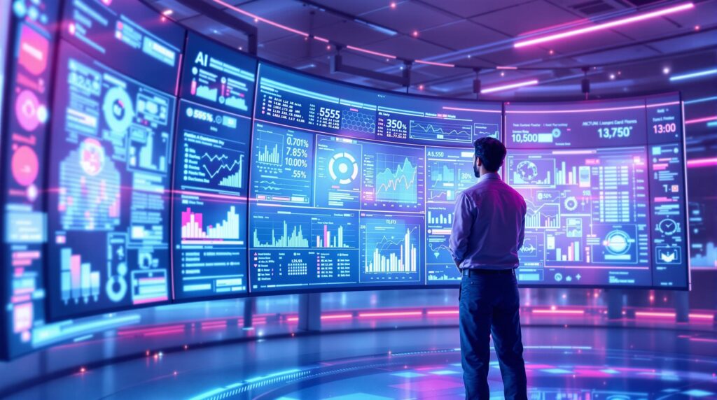 a technician standing in the foreground gazing at a large and curved screen displaying intricate real-time data analytics