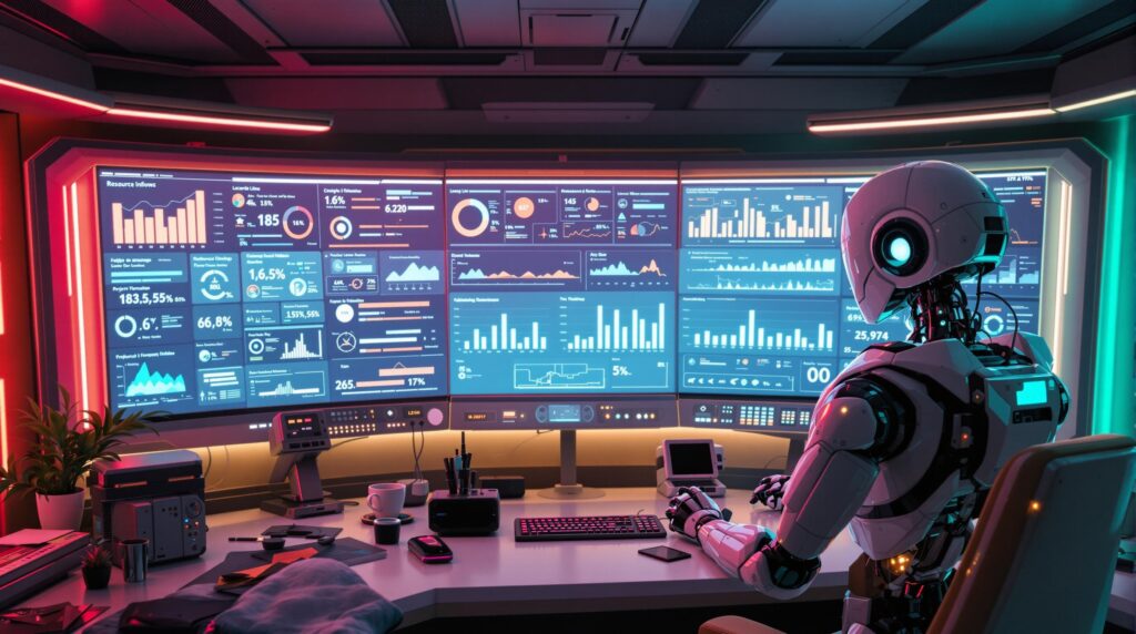 A high-tech control room with multiple digital screens displaying live data feeds and analytics, showcasing AI-driven insights into resource usage, performance metrics, and project timelines, with a focused high tech robot reviewing the information.