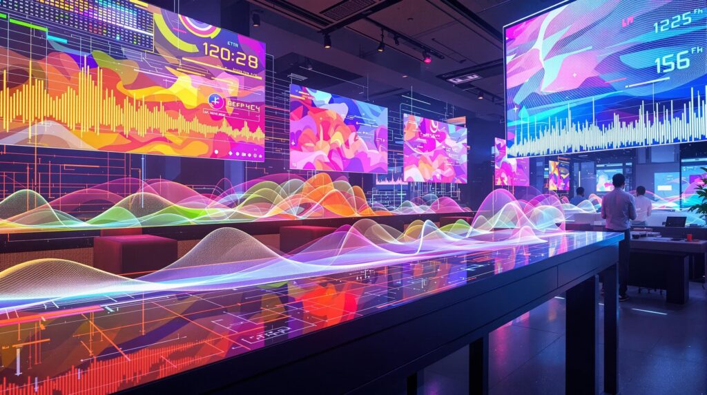 an array of vibrant color palettes and sound waves, dynamically visualized to represent a range of emotional tones, positioned in a futuristic digital workspace