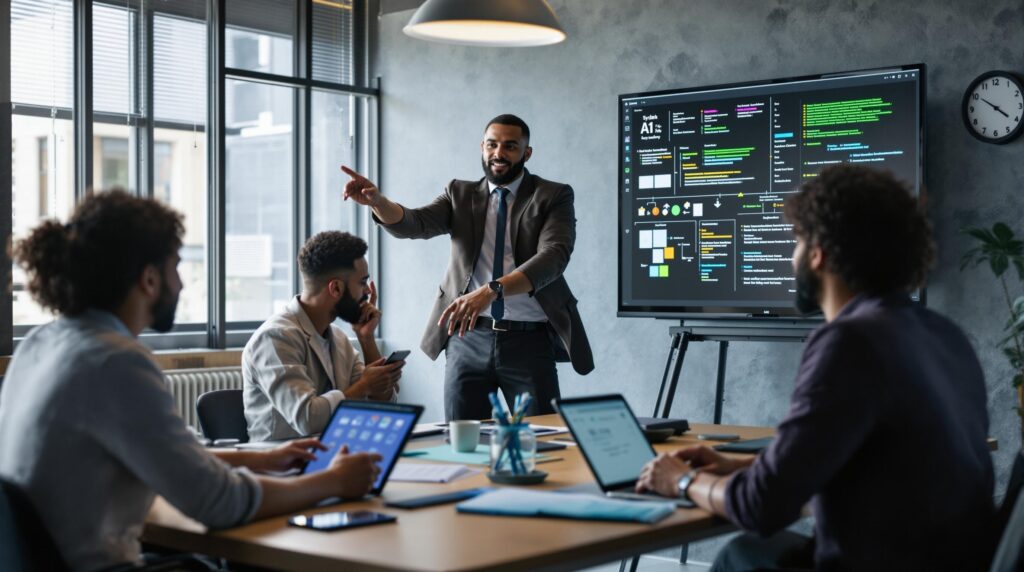 a tech-savvy agile team in a modern workspace using AI tools on digital devices and smartboards during a sprint planning session