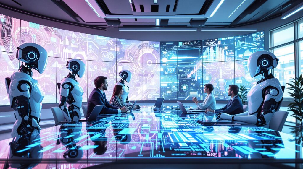 a group of professionals and futuristic robots analyzing complex AI-generated data