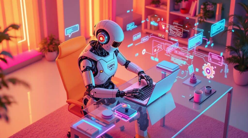 a high tech robot using search feature in a modern office setting