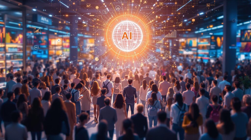 An image showcasing a futuristic retail scenario, where AI and analytics illuminate consumer preferences and trends.