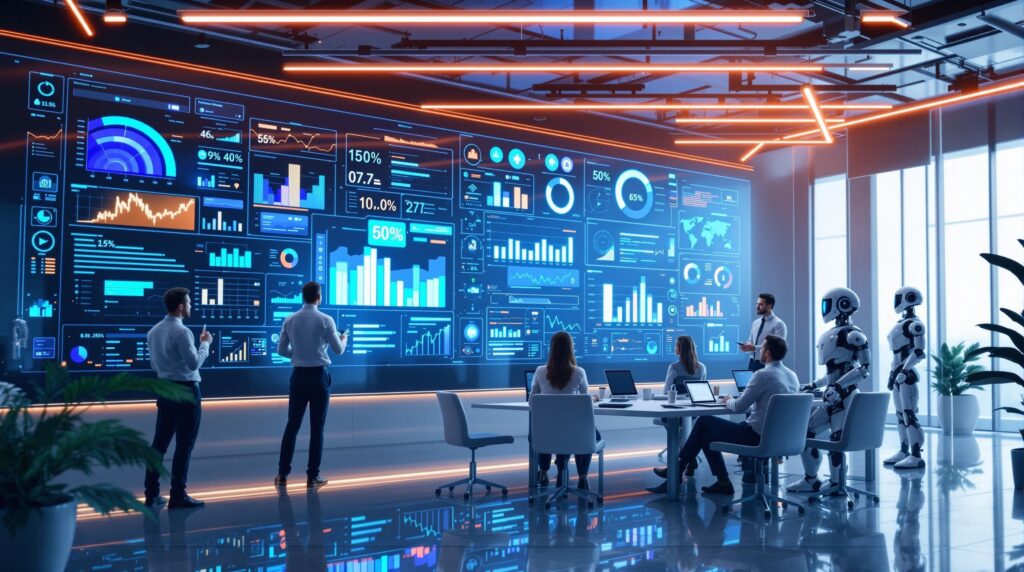 A futuristic office setting where a team of professionals  and robots analyzes AI-generated insights displayed on large, interactive screens, effectively turning data into actionable strategies for business success.