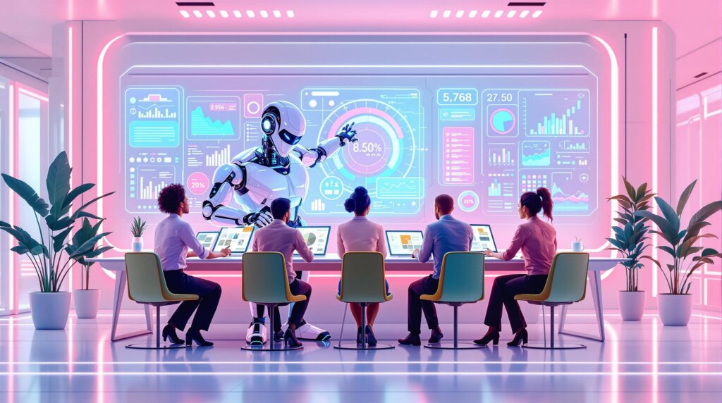 team of professionals and a futuristic robot collaboratively developing targeted  link-building outreach plans