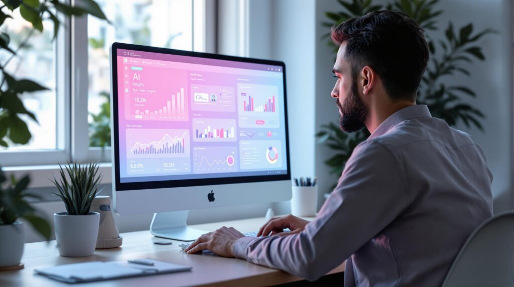 a professional analyzing AI-generated task insights on a computer screen