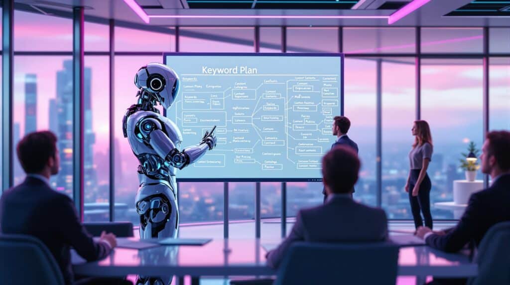 a robot presenting a detailed keyword plan on an interactive digital whiteboard
