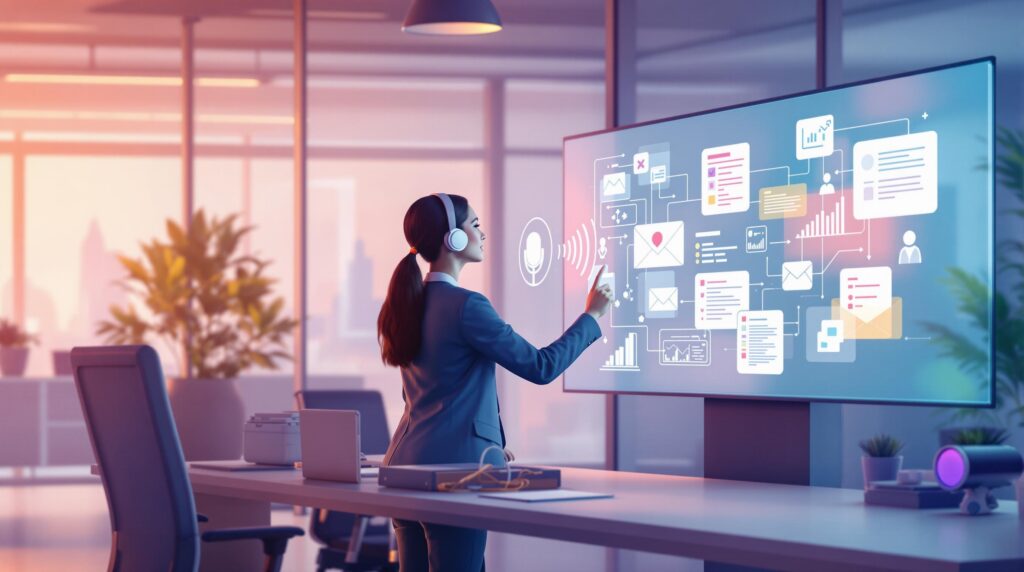 a scene in a modern office where voice-activated software is enhancing productivity