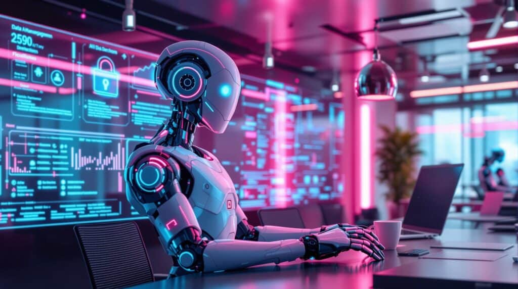 futuristic robot in a cutting-edge office setting surrounded by digital screens displaying data management and security features