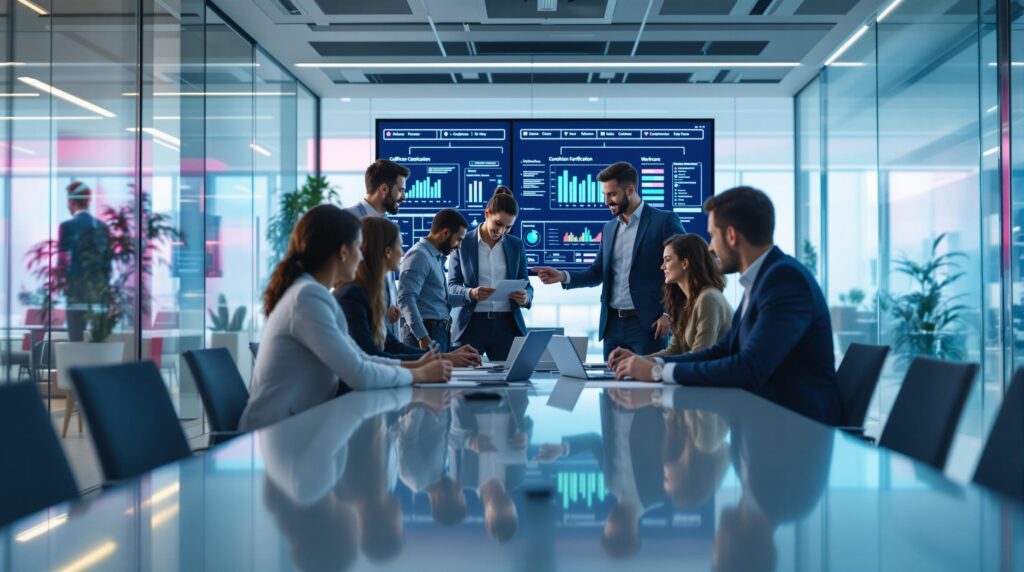 diverse group of business professionals collaborating around a sleek conference table with digital screens displaying compliance data and workflow charts