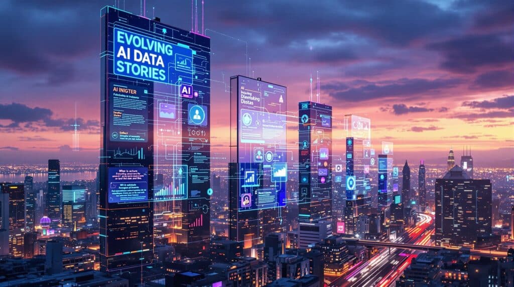 a futuristic cityscape with towering digital screens displaying evolving AI data stories focusing on futurism and progress