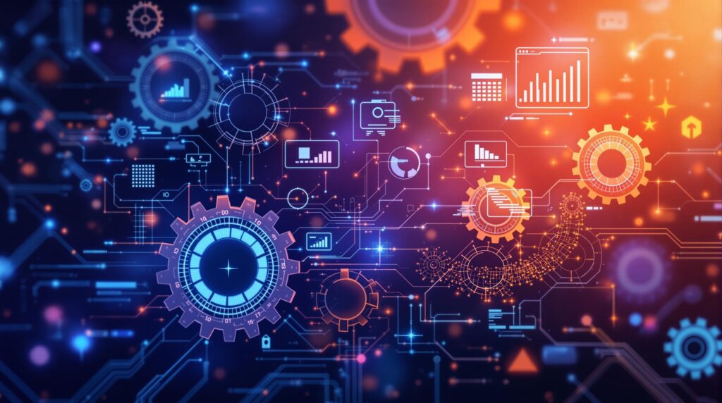 An abstract image showing interconnected gears and digital interfaces, symbolizing how user-centered metrics seamlessly integrate with AI processes.