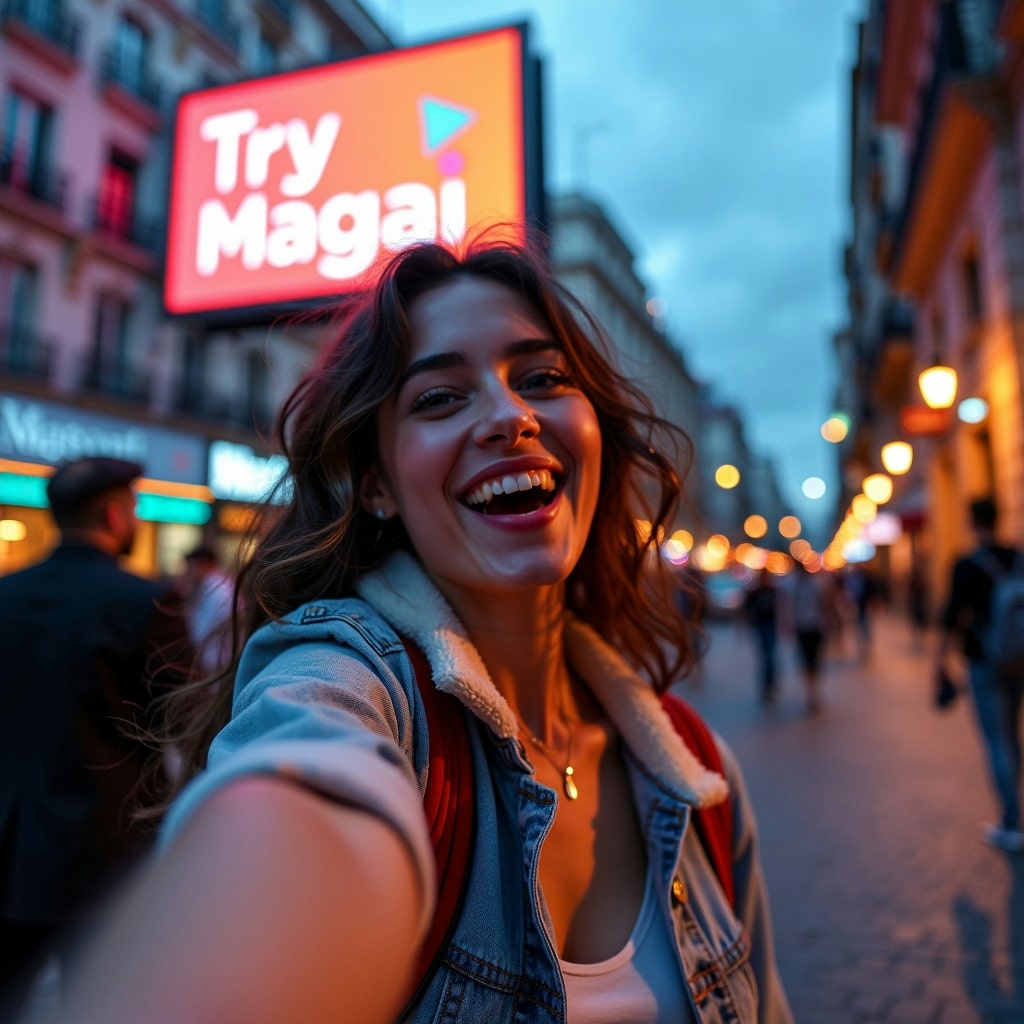 young woman with brown hair taking a selfie at twilight with a billboard in the background that says "Try Magai"