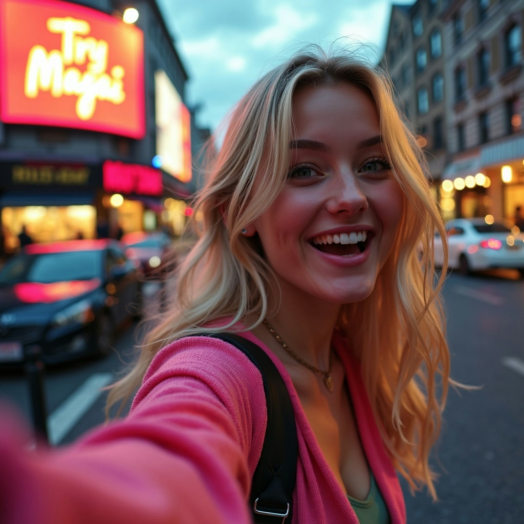 young woman with blonde hair taking a selfie at twilight with a billboard in the background that says "Try Magai"