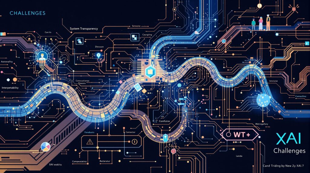 An intricate illustration showing the 'XAI Challenges' in a compelling, abstract manner. Visualize challenges like system transparency, computational demands, and interpretability as winding paths or complex mazes with digital elements representing AI, such as networks and circuit imagery. 