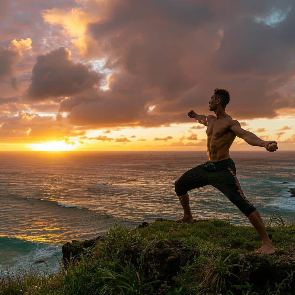 ai generated image based on the image prompt of a young man in his 20s, athletic build, performing Warrior II pose, positioned on the edge of a grass-covered cliffside, overlooking a turquoise ocean, sun setting on the horizon, soft golden hour light illuminating the scene