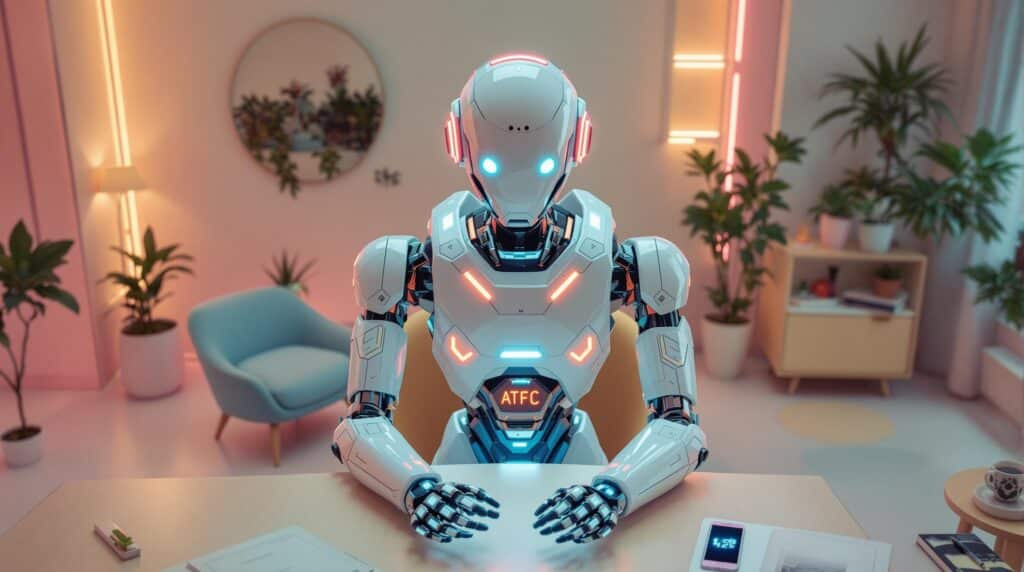 a high tech robot sitting at a desk explaining generative ai large language models