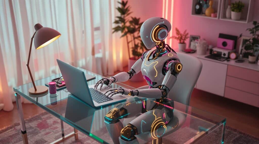 a high tech robot working on generative ai in a modern office
